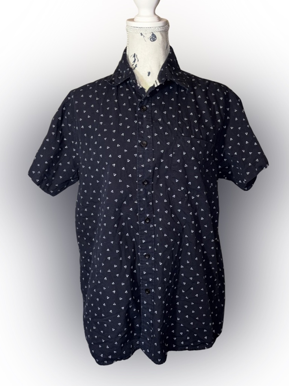 Rue21 Men's Black Button Down Shirt White 🔼 Print Short Sleeve 100% Cotton Med